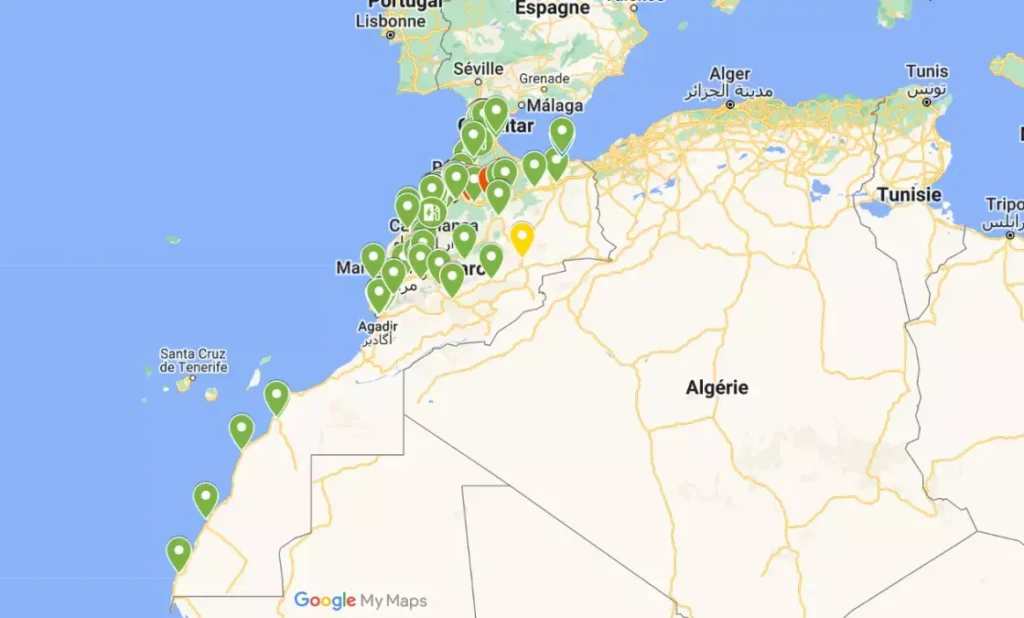 Carte Bornes de recharge maroc; Bornes de recharge maroc